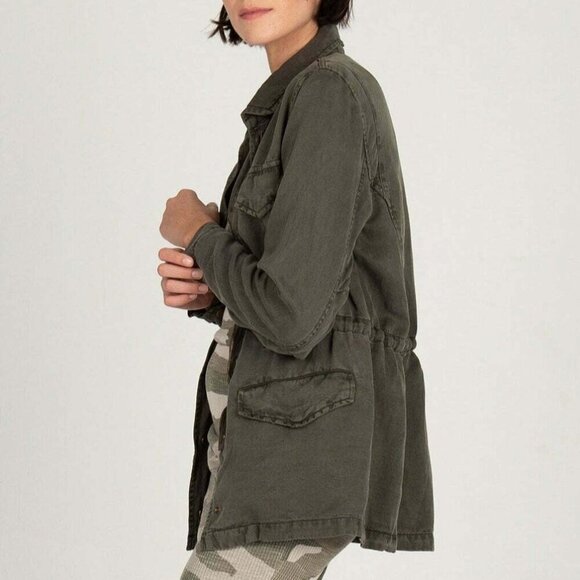 Monrow Jacket Military Style Womens Medium Green Linen Blend Utility Snap Button - Picture 2 of 5